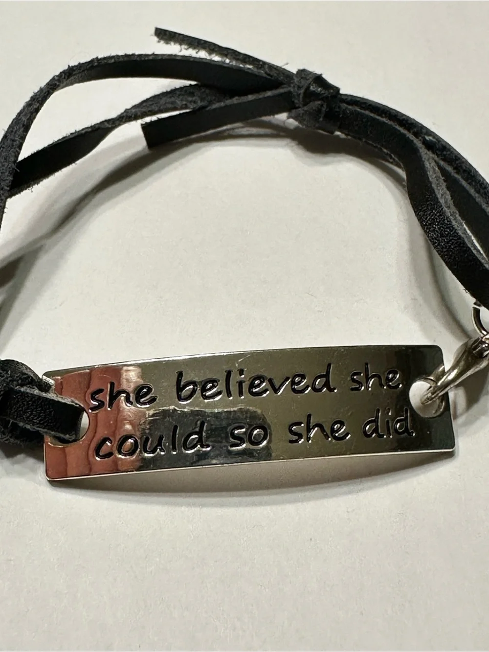 Inspirational 'She Believed She Could So She Did' Black Leather Bracelet